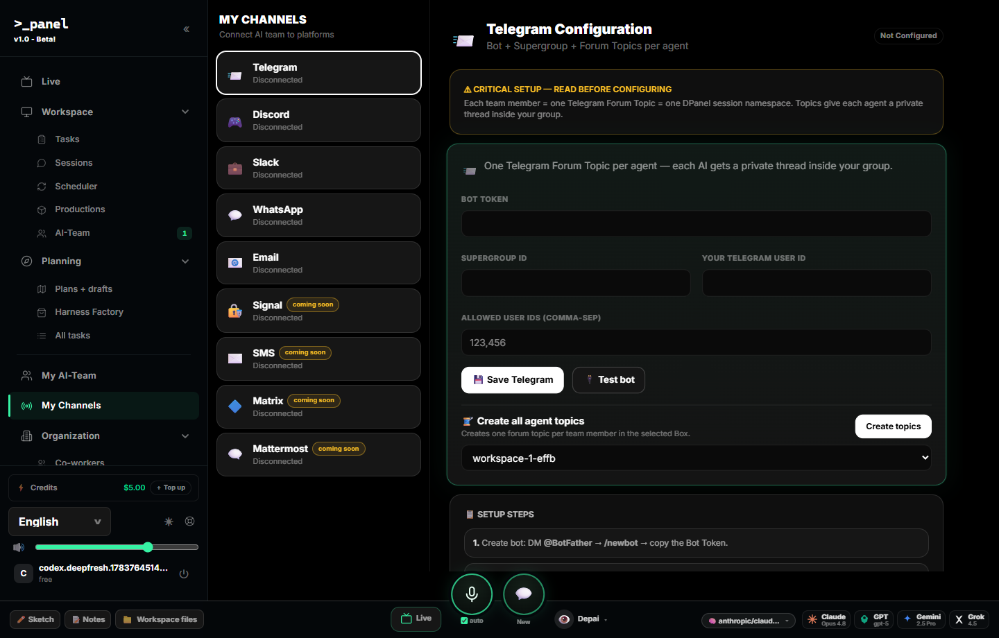 panel channel connection screenshot